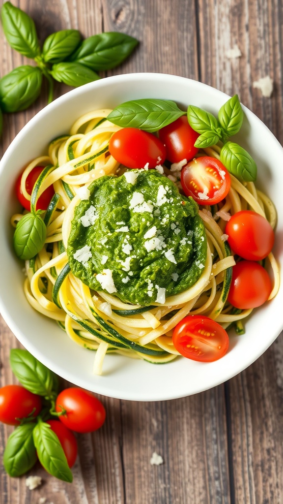 Zucchini noodles with basil pesto and cherry tomatoes in a rustic bowl.
